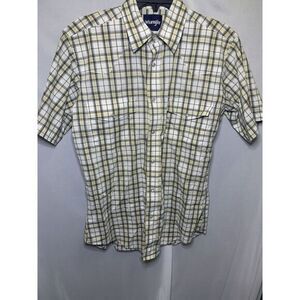 Mens‎ Medium Wrangler Plaid Pearl Snap Western Cowboy Beige Shirt Short Sleeve